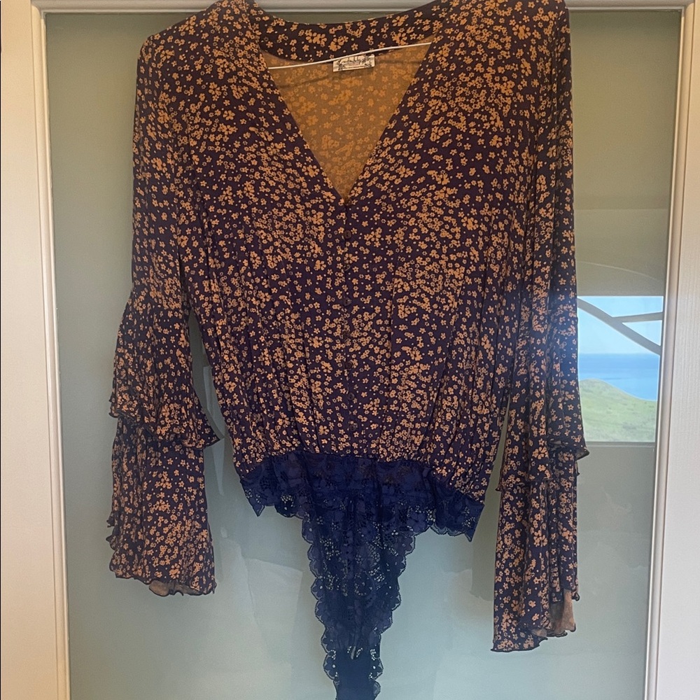 Free People Navy and Orange Floral Bodysuit